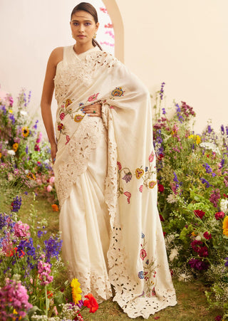 Chandrima-Ivory Embroidered Cutwork Sari With Unstitched Blouse-INDIASPOPUP.COM