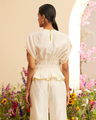 Chandrima-Ivory Applique Waist Pleated Top-INDIASPOPUP.COM