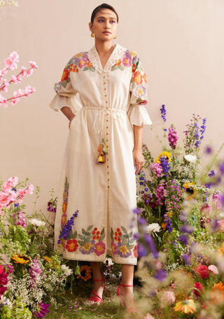 Chandrima-Ivory Applique Shirt Dress-INDIASPOPUP.COM