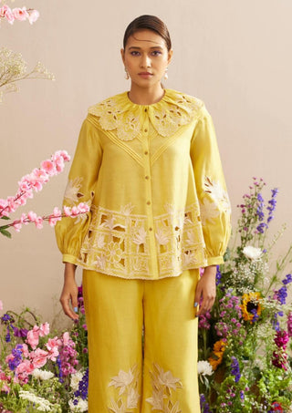Chandrima-Yellow Contrast Embroidered Shirt-INDIASPOPUP.COM