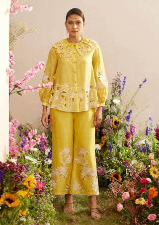 Chandrima-Yellow Contrast Embroidered Pants-INDIASPOPUP.COM