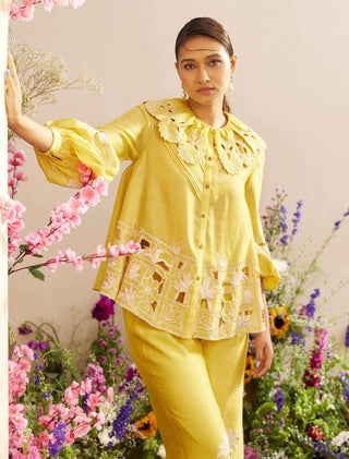 Chandrima-Yellow Contrast Embroidered Shirt-INDIASPOPUP.COM