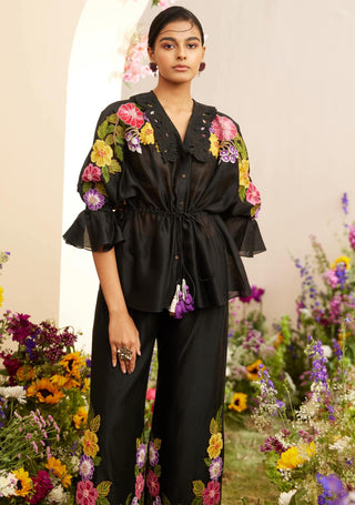 Chandrima-Black Applique Floral Kimono Shirt-INDIASPOPUP.COM