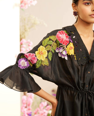 Chandrima-Black Applique Floral Kimono Shirt-INDIASPOPUP.COM