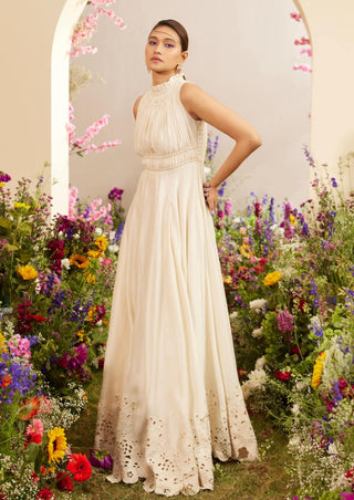 Chandrima-Ivory Ruched And Cutwork Maxi Dress-INDIASPOPUP.COM