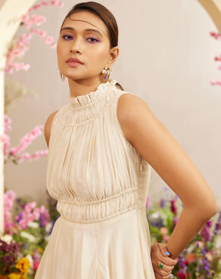 Chandrima-Ivory Ruched And Cutwork Maxi Dress-INDIASPOPUP.COM