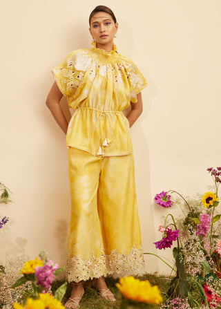 Chandrima-Yellow Cutwork Culotte Pants-INDIASPOPUP.COM