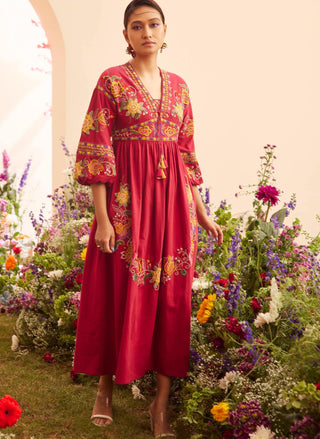 Chandrima-Fuchsia Embroidered Midi Dress-INDIASPOPUP.COM