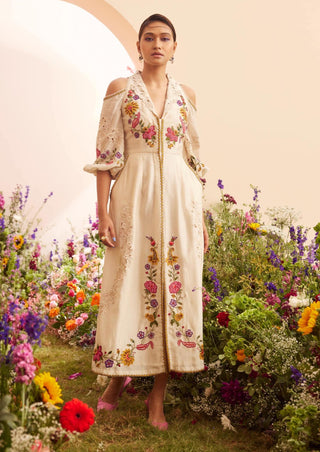 Chandrima-Ivory Embroidered Midi Dress-INDIASPOPUP.COM