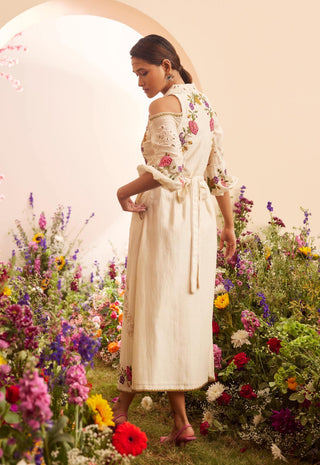 Chandrima-Ivory Embroidered Midi Dress-INDIASPOPUP.COM