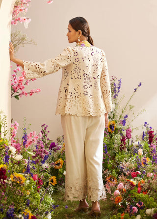 Chandrima-Ivory Collar Detail Cutwork And Applique Jacket-INDIASPOPUP.COM