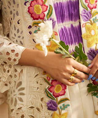 Chandrima-Ivory Collar Detail Cutwork And Applique Jacket-INDIASPOPUP.COM