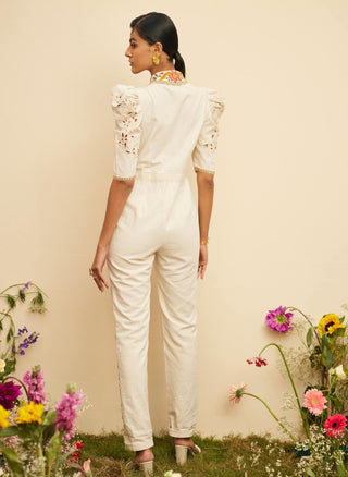 Chandrima-Ivory Embroidered And Cutwork Jumpsuit-INDIASPOPUP.COM