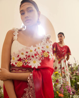 Chandrima-Red Organza Applique Sari With Unstitched Blouse-INDIASPOPUP.COM