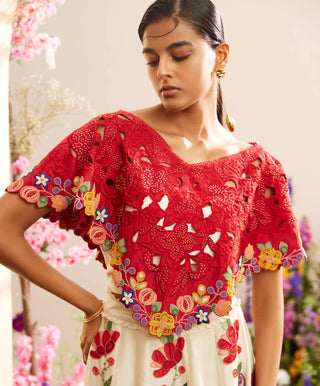 Chandrima-Red Cutwork & Beadwork Poncho-INDIASPOPUP.COM