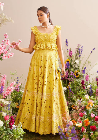 Chandrima-Yellow Tonal Cutwork Lehenga-INDIASPOPUP.COM