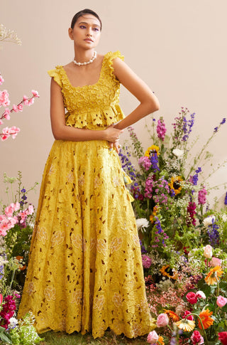 Chandrima-Yellow Tonal Cutwork Lehenga-INDIASPOPUP.COM