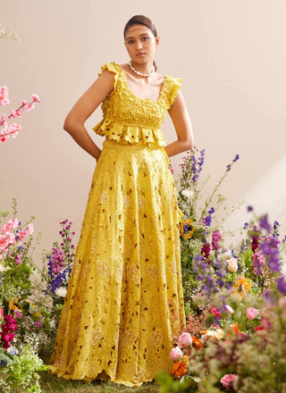 Chandrima-Yellow Tonal Cutwork Lehenga-INDIASPOPUP.COM