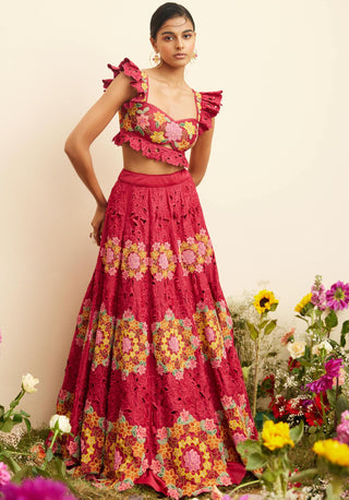 Chandrima-Fuchsia Beadwork & Cutwork Lehenga-INDIASPOPUP.COM