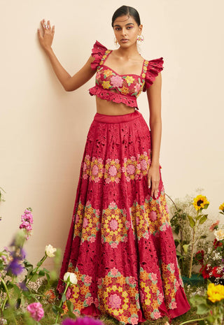 Chandrima-Fuchsia Beadwork & Cutwork Lehenga-INDIASPOPUP.COM