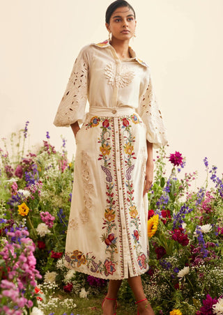 Chandrima-Ivory Buttondown Embroidered Skirt-INDIASPOPUP.COM