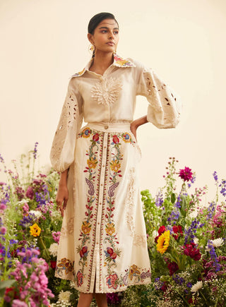 Chandrima-Ivory Buttondown Embroidered Skirt-INDIASPOPUP.COM