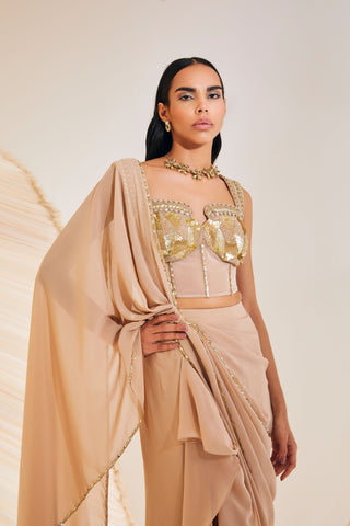 Divya Aggarwal-Hertha Beige Pre-Draped Sari With Corset-INDIASPOPUP.COM