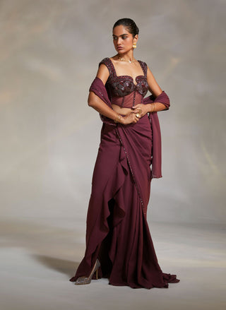 Divya Aggarwal-Vero Wine Embellished Draped Sari And Corset-INDIASPOPUP.COM