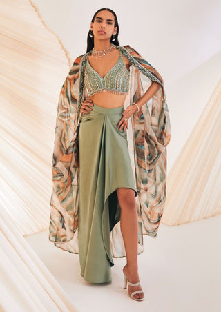 Divya Aggarwal-Vivien Sage Green Embellished Skirt And Cape Set-INDIASPOPUP.COM