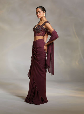 Divya Aggarwal-Vero Wine Embellished Draped Sari And Corset-INDIASPOPUP.COM