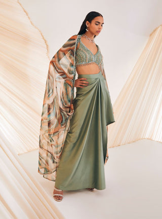 Divya Aggarwal-Vivien Sage Green Embellished Skirt And Cape Set-INDIASPOPUP.COM