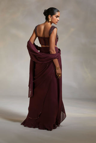 Divya Aggarwal-Vero Wine Embellished Draped Sari And Corset-INDIASPOPUP.COM