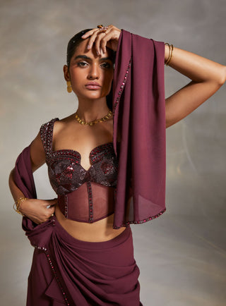 Divya Aggarwal-Vero Wine Embellished Draped Sari And Corset-INDIASPOPUP.COM