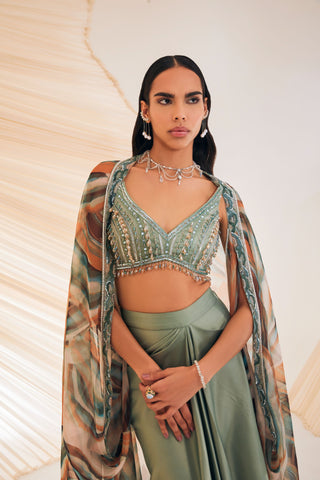 Divya Aggarwal-Vivien Sage Green Embellished Skirt And Cape Set-INDIASPOPUP.COM