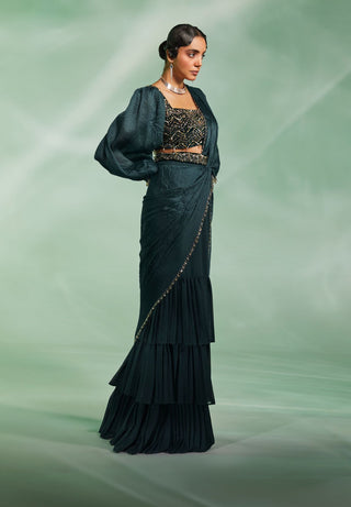 Divya Aggarwal-Chloe Dark Green Draped Sari Set-INDIASPOPUP.COM