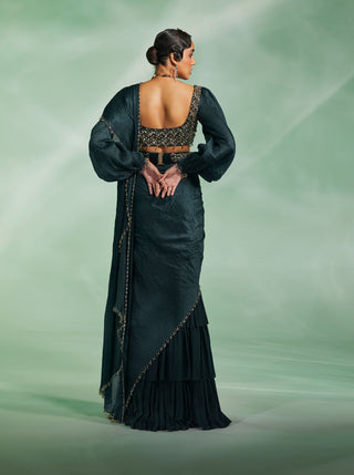 Divya Aggarwal-Chloe Dark Green Draped Sari Set-INDIASPOPUP.COM