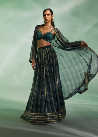 Divya Aggarwal-Glory Dark Green Embroidered Lehenga Cape Set-INDIASPOPUP.COM