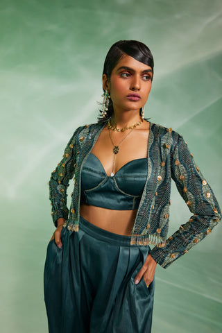 Divya Aggarwal-Romy Dark Green Jacket And Pant Set-INDIASPOPUP.COM