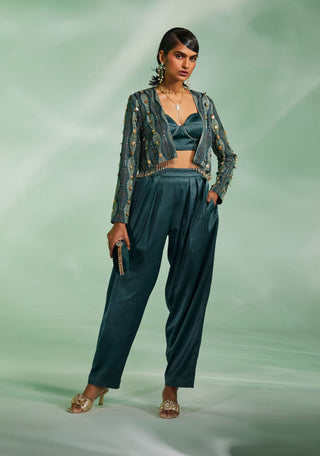 Divya Aggarwal-Romy Dark Green Jacket And Pant Set-INDIASPOPUP.COM