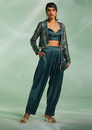 Divya Aggarwal-Romy Dark Green Jacket And Pant Set-INDIASPOPUP.COM