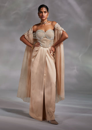 Divya Aggarwal-Quinten Beige Cape And Skirt Set-INDIASPOPUP.COM