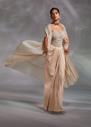 Divya Aggarwal-Quinten Beige Cape And Skirt Set-INDIASPOPUP.COM