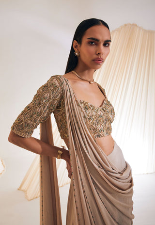 Divya Aggarwal-Taylen Beige Embellished Sari With Blouse-INDIASPOPUP.COM