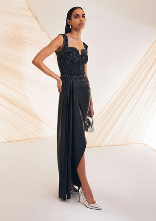 Divya Aggarwal-Hertha Black Embellished Corset Drape Dress-INDIASPOPUP.COM