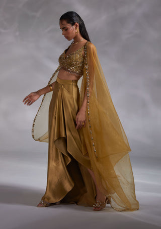 Divya Aggarwal-Vivien Ecru Olive Embellished Cape And Skirt Set-INDIASPOPUP.COM