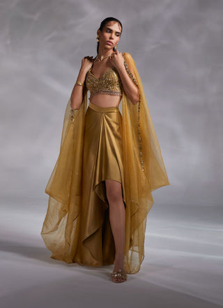 Divya Aggarwal-Vivien Ecru Olive Embellished Cape And Skirt Set-INDIASPOPUP.COM