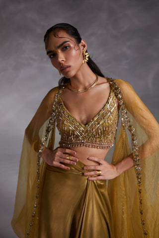 Divya Aggarwal-Vivien Ecru Olive Embellished Cape And Skirt Set-INDIASPOPUP.COM