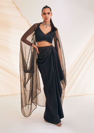 Divya Aggarwal-Vivien Black Embellished Skirt And Cape Set-INDIASPOPUP.COM