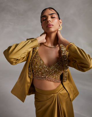 Divya Aggarwal-Debro Ecru Olive Embroidered Jacket-INDIASPOPUP.COM