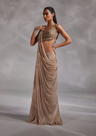 Divya Aggarwal-Taylen Beige Embellished Sari With Blouse-INDIASPOPUP.COM